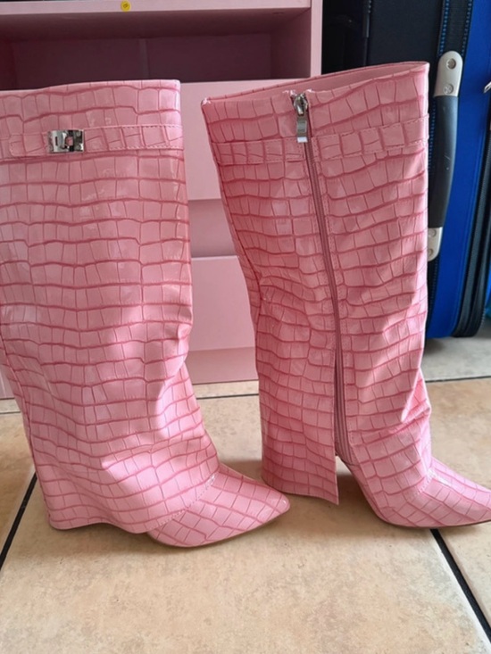 Fashion Nova Shoes - Pink Croc-Embossed Knee Boot - Women